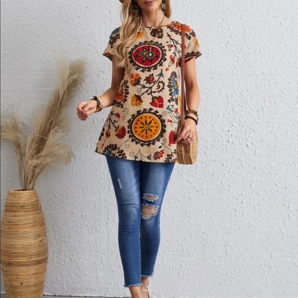 Boho Floral Print Short Sleeve Tunic Top - Picture 4 of 7